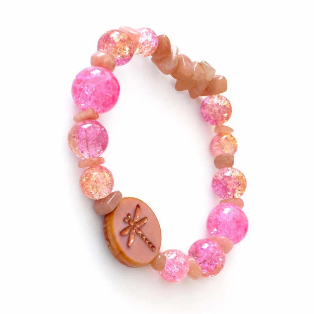 TERRA GEMMS Studio Series Peach Aventurine & Dragonfly Pink Stretch Bracelet - Picture 4 of 5